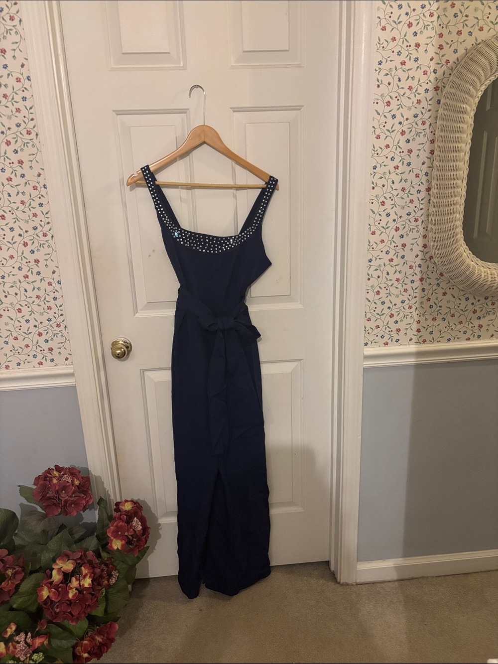 Elegant Navy Evening Pantsuit/Romper with Embellished Scoop Neck